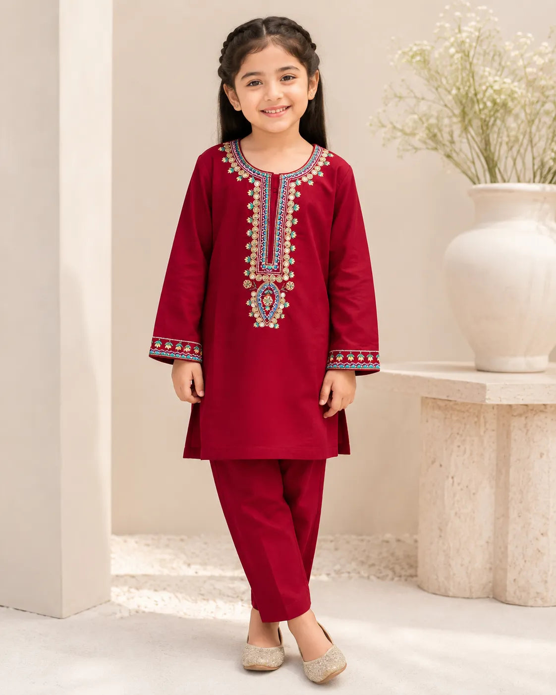 Shahana by Branded Suit maroon embroidered 2-piece girls’ suit