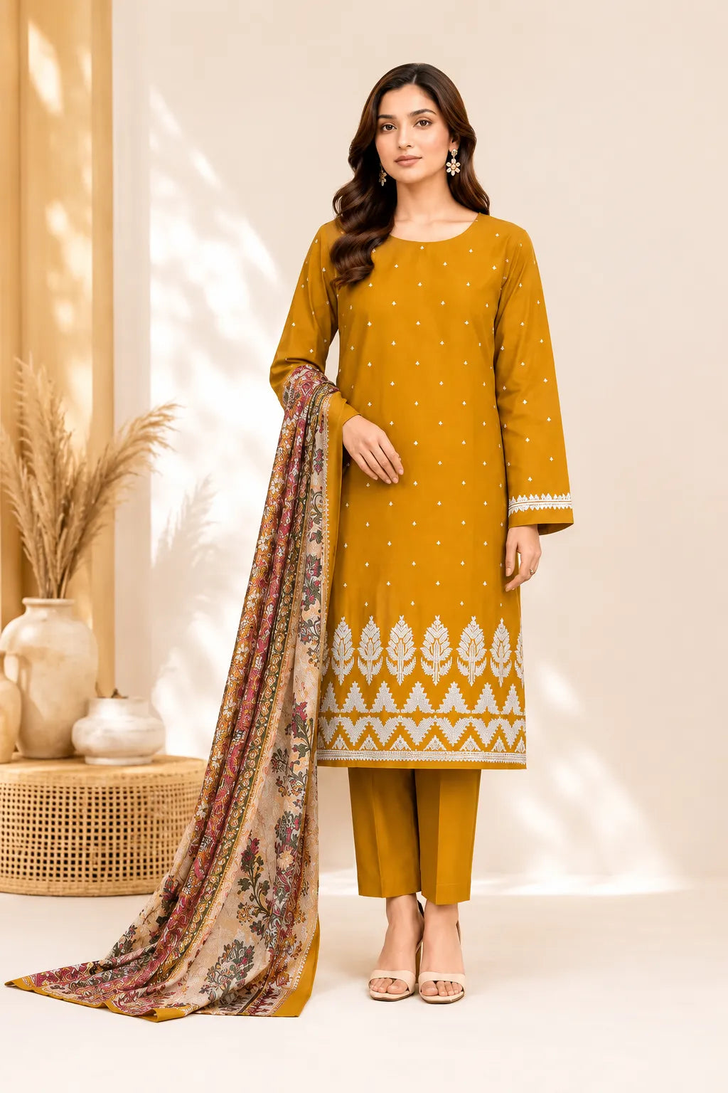Cross Stitch mustard embroidered lawn 3-piece suit with printed chiffon dupatta and matching dyed lawn trousers.