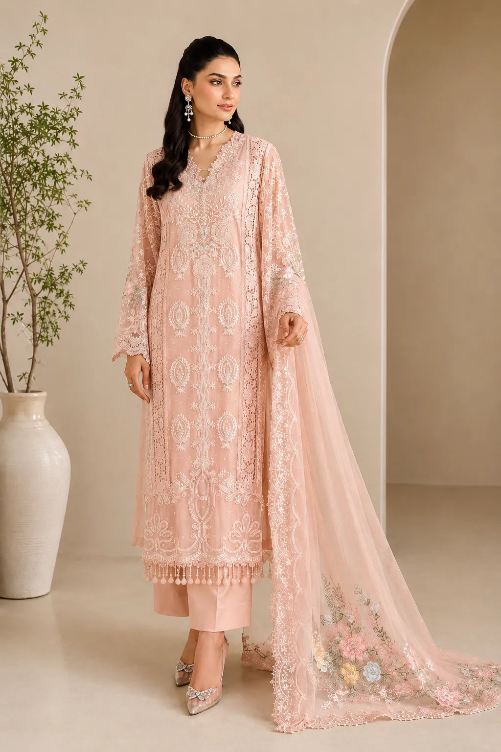 Luxury Collection blush pink embroidered 3PC suit with embroidered net dupatta