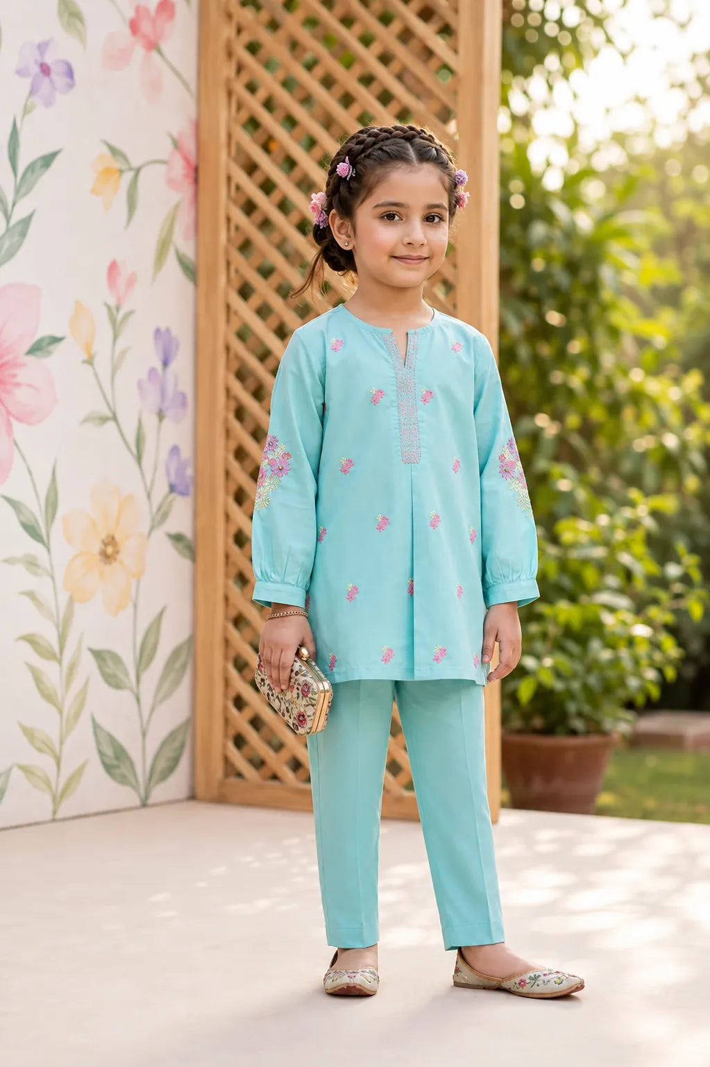 Rollover Kids sky blue embroidered lawn 2-piece suit featuring a floral embroidered shirt and matching trousers.