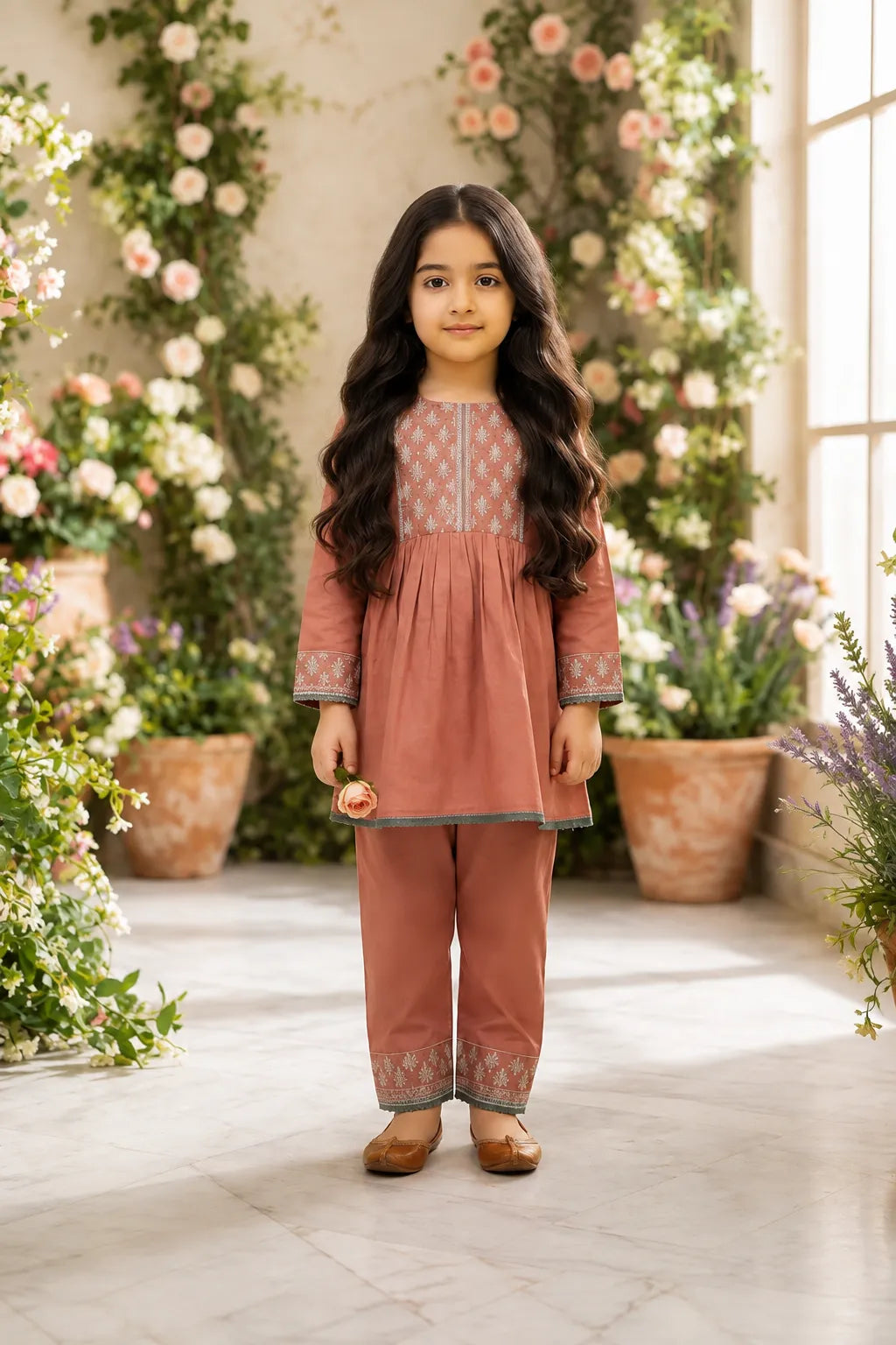 Shahana Kids dusty rose embroidered lawn 2-piece suit with pleated embroidered shirt and matching embroidered trousers.