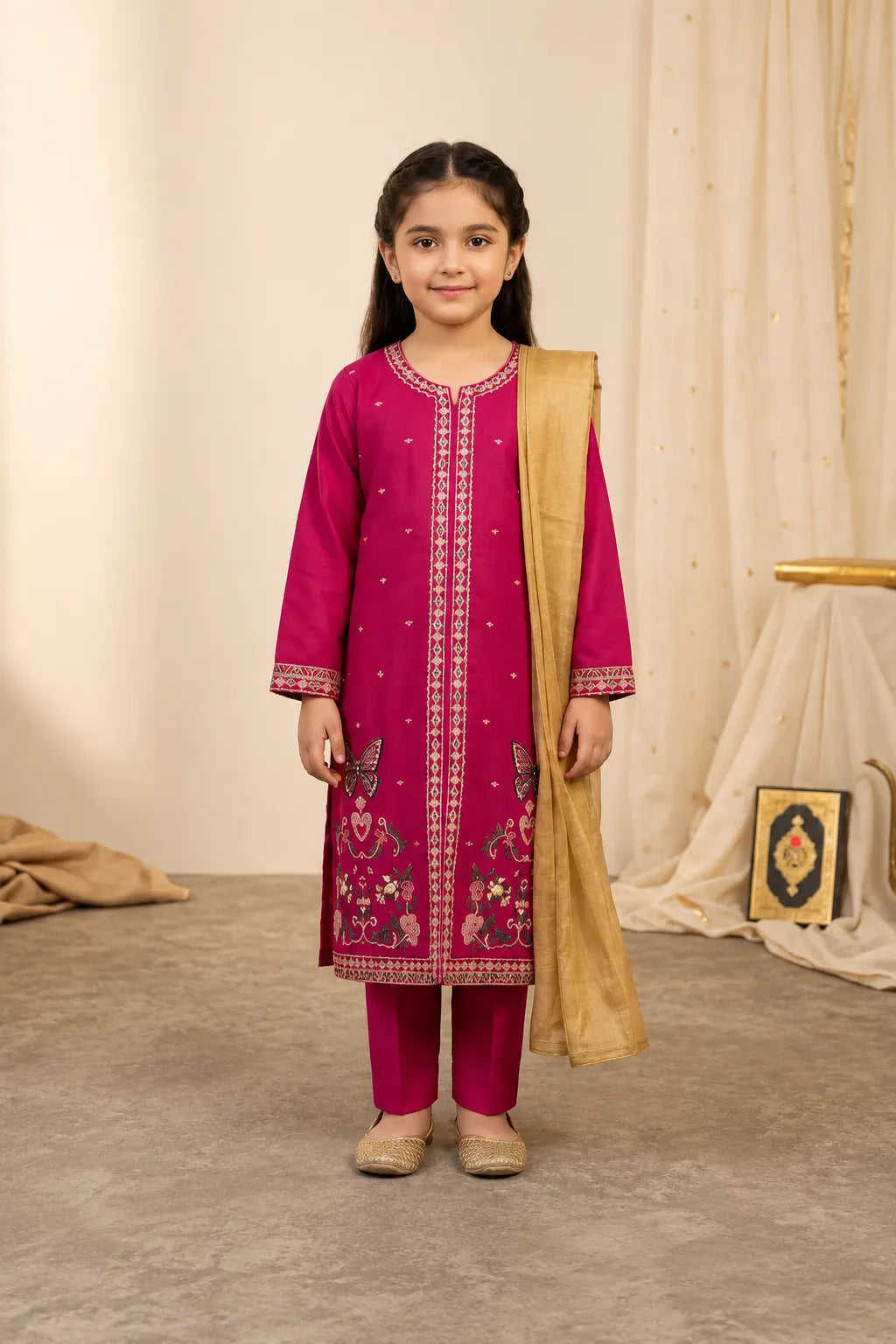 Shahana Kids magenta pink embroidered lawn 3-piece suit with matching trousers and elegant golden tissue dupatta.