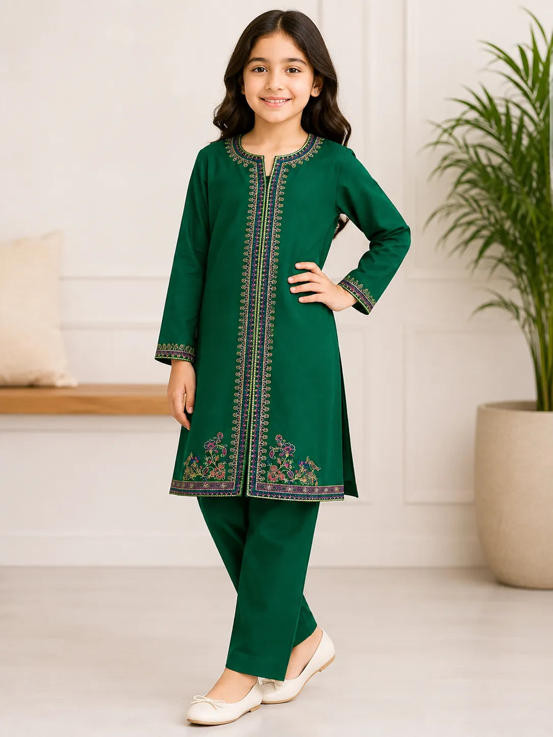 Shahana by Branded Suit green embroidered 2-piece girls suit