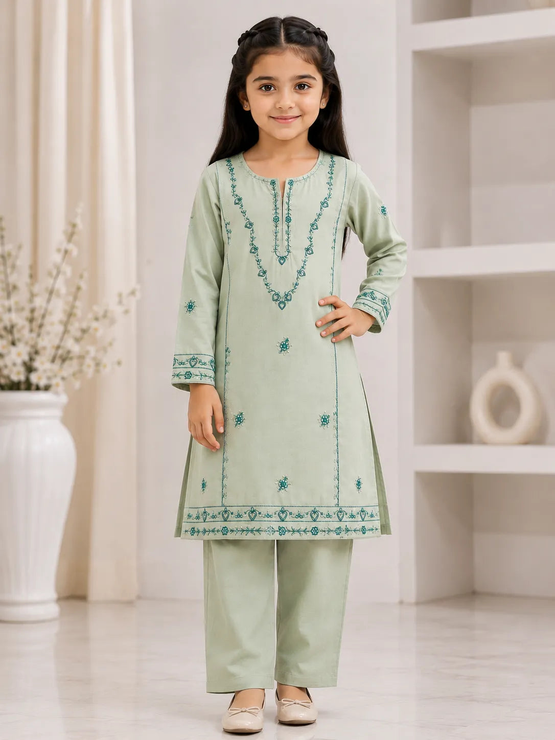 Shahana by Branded Suit mint green embroidered 2-piece girls’ suit