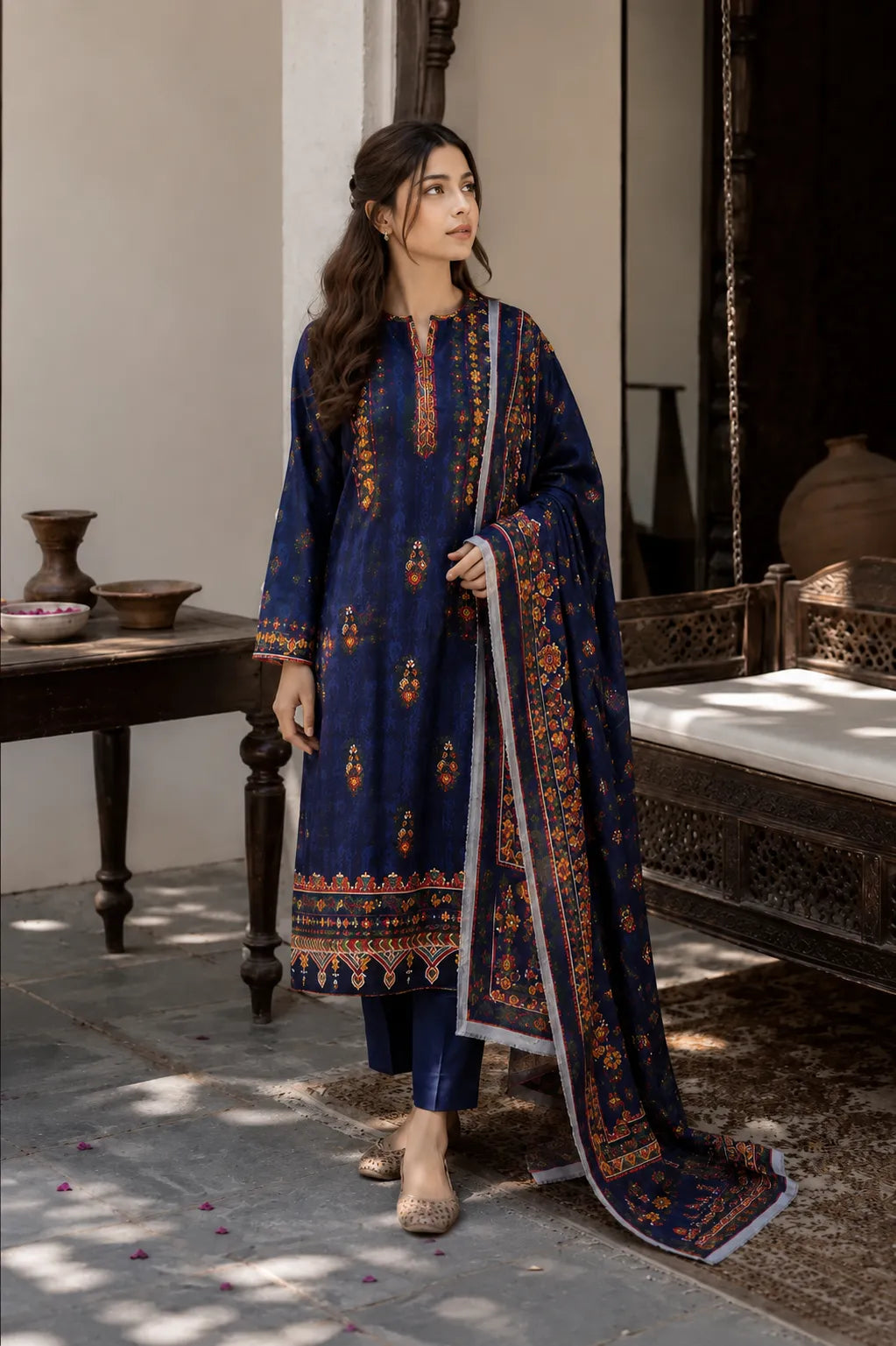 a traditional navy blue two-piece salwar kameez suit
