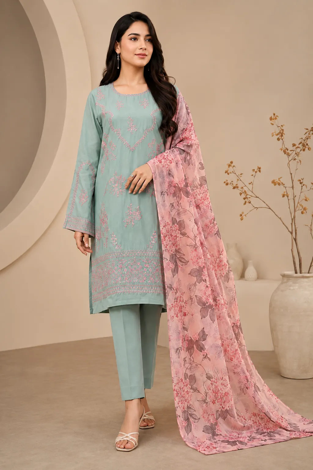Cross Stitch mint green embroidered 3-piece linen suit with printed silk dupatta.