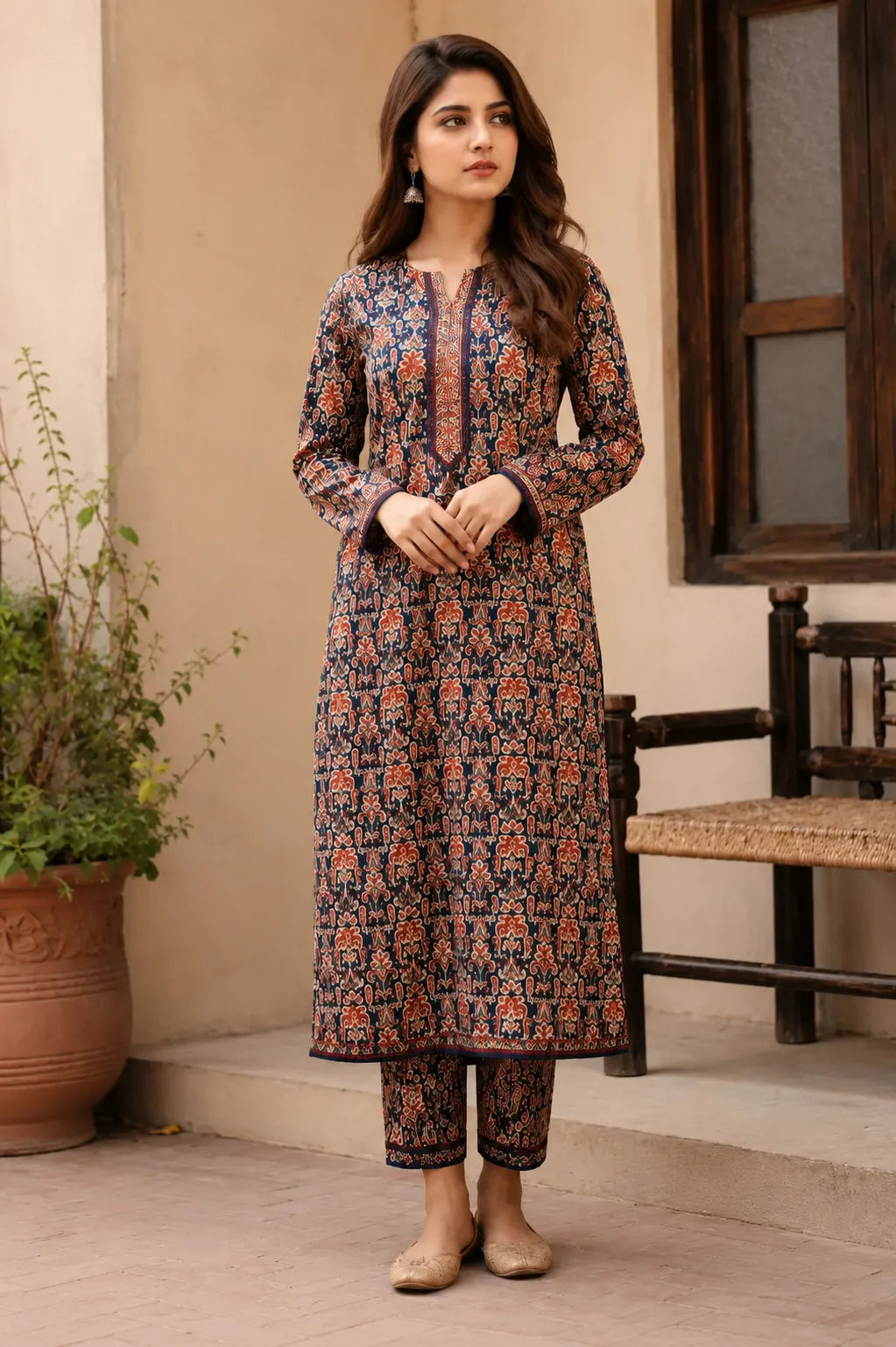 A woman wearing a long-sleeve navy kurta with an intricate red and orange floral block print