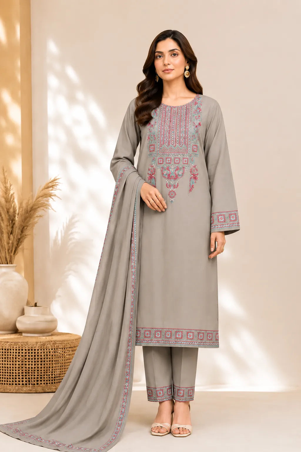 Cross Stitch grey linen 2-piece unstitched suit featuring an embroidered shirt with a matching linen dupatta.