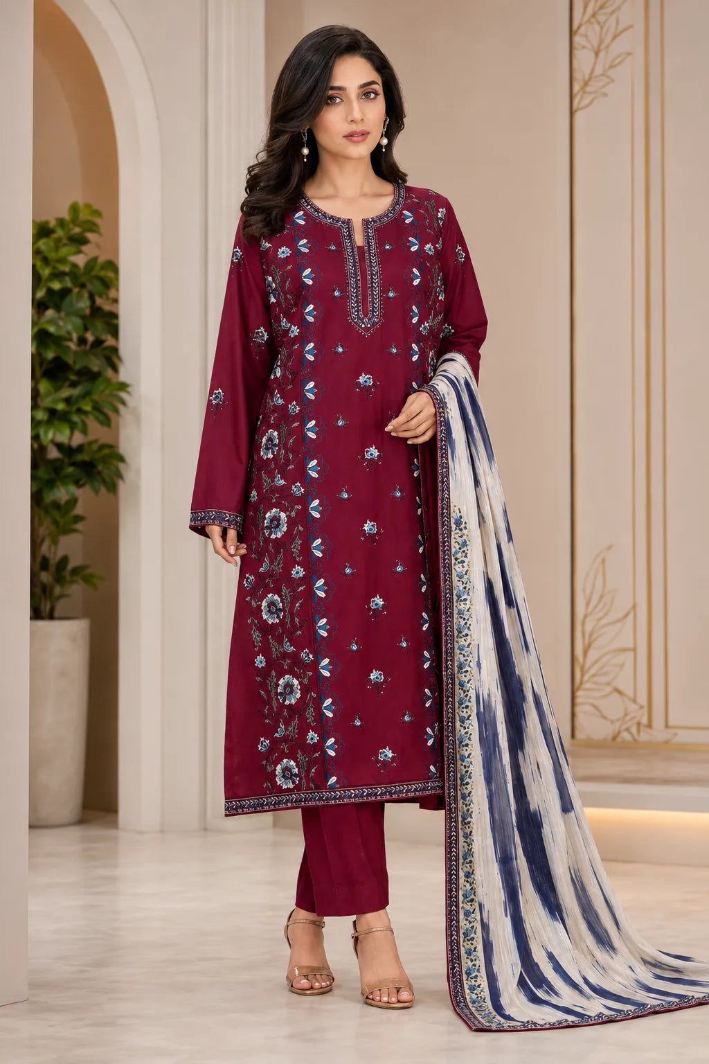 Cross Stitch maroon embroidered lawn 3-piece suit with floral embroidered shirt, dyed trouser, and printed chiffon dupatta.