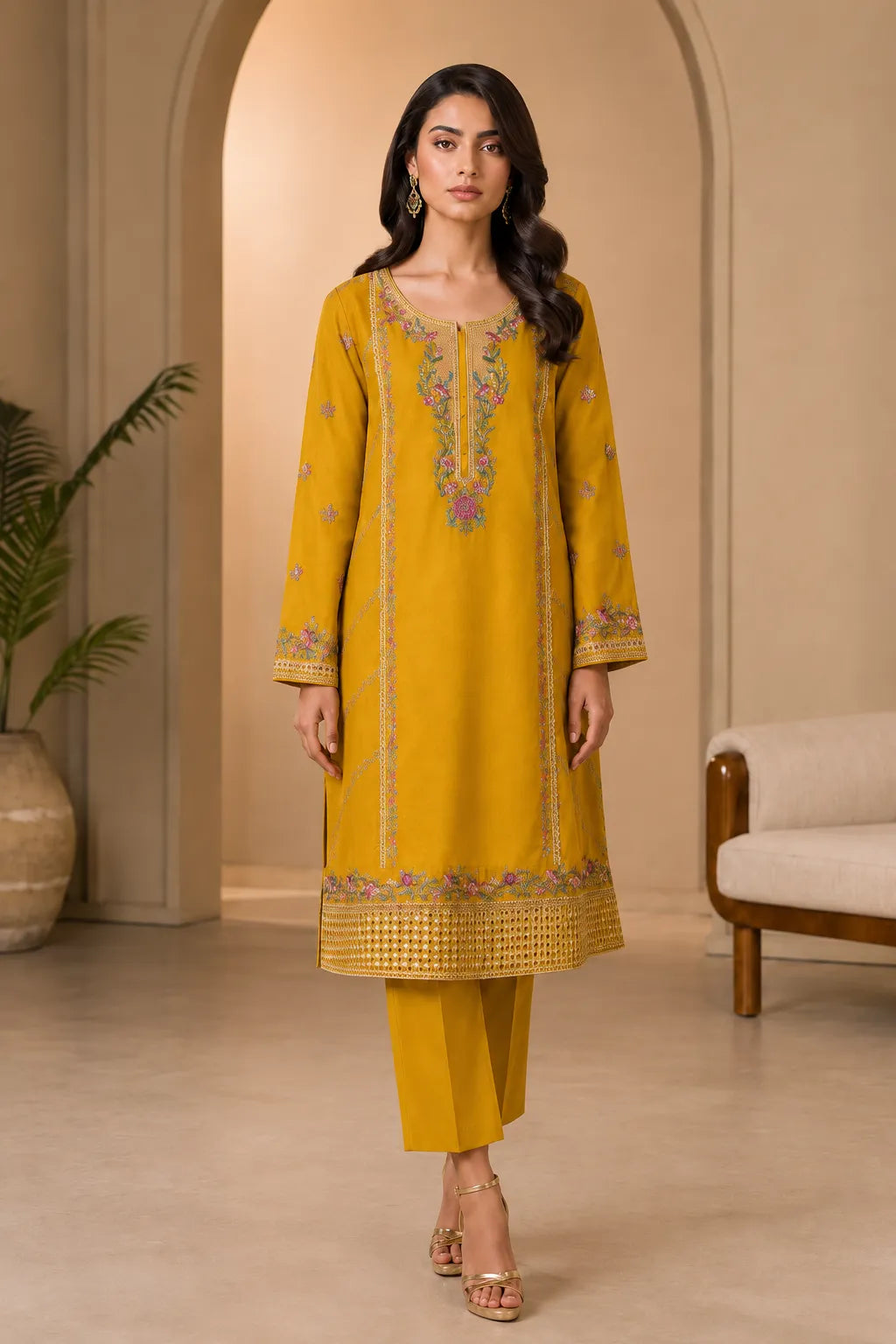 Cross Stitch mustard embroidered 2PC lawn suit with matching trousers