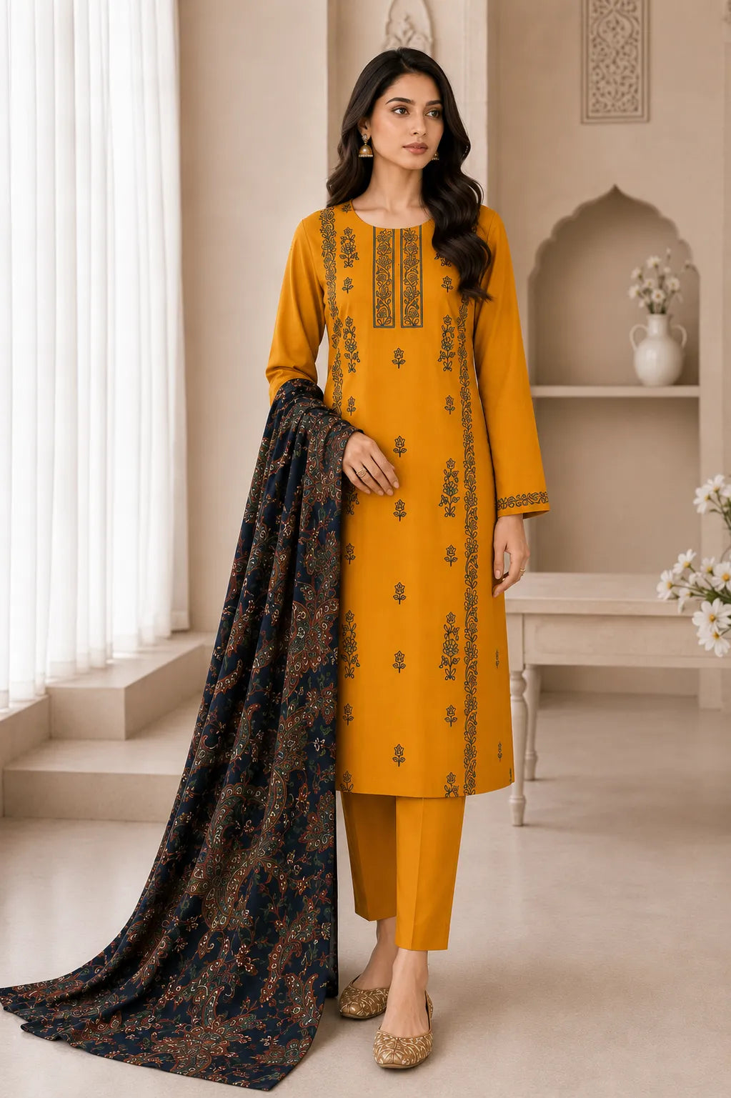 Cross Stitch mustard embroidered 3PC lawn suit with printed navy dupatta