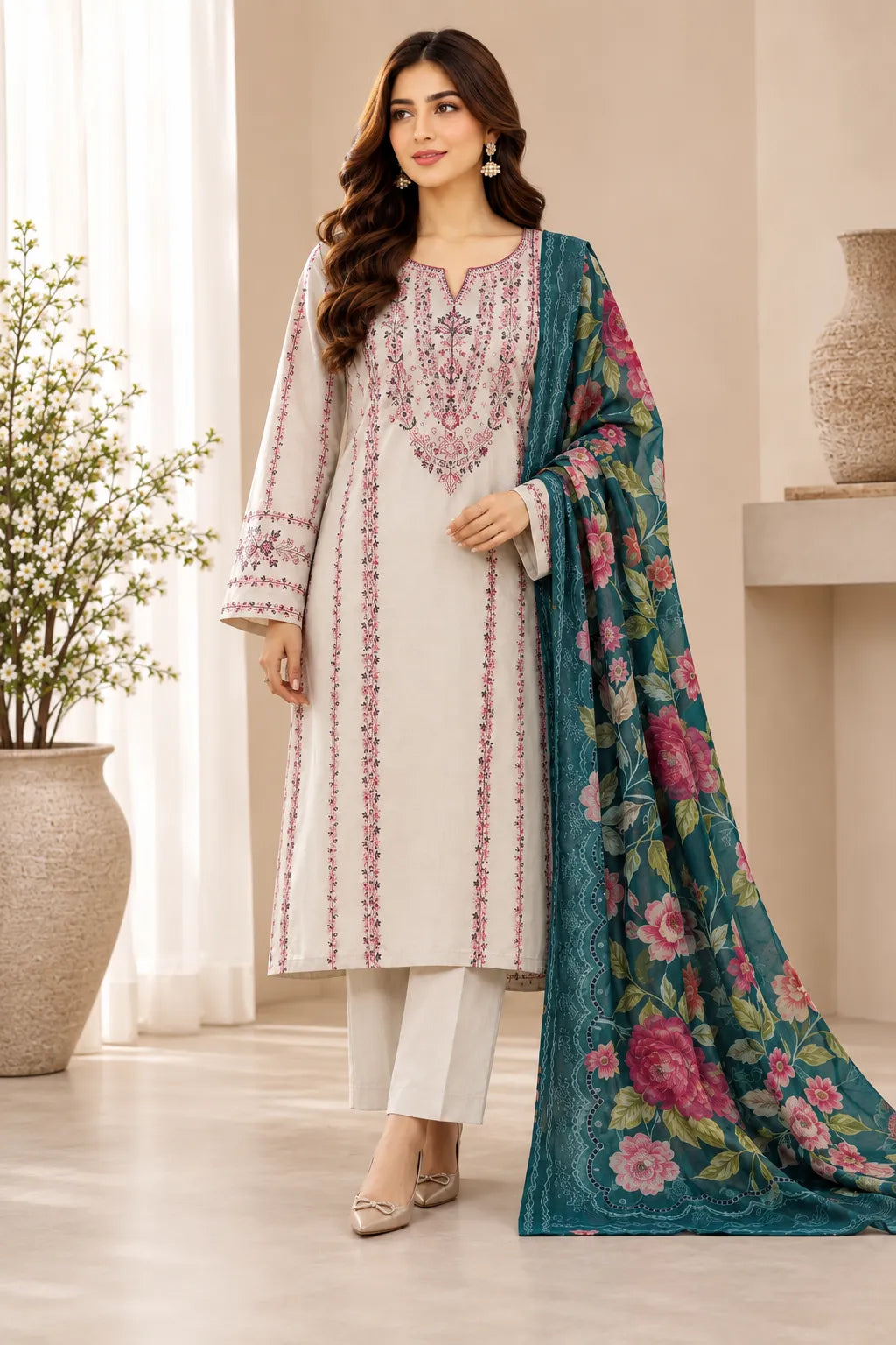 Cross Stitch unstitched ivory white lawn 3-piece suit with floral printed shirt, matching trousers, and printed lawn dupatta.