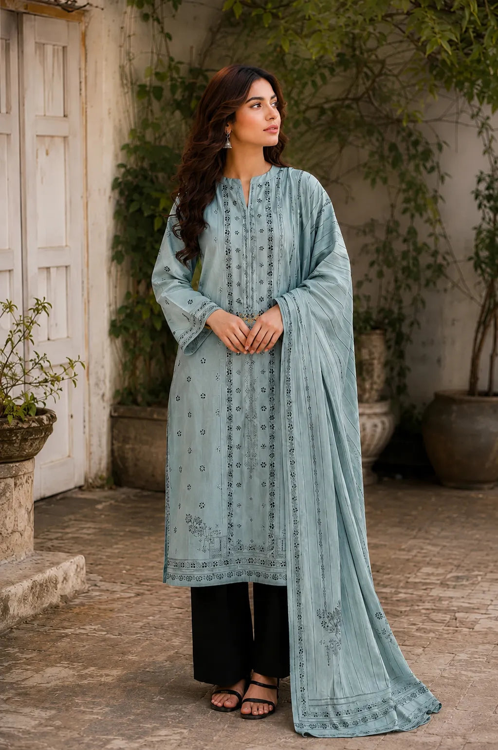 a light blue-green ethnic two-piece suit 