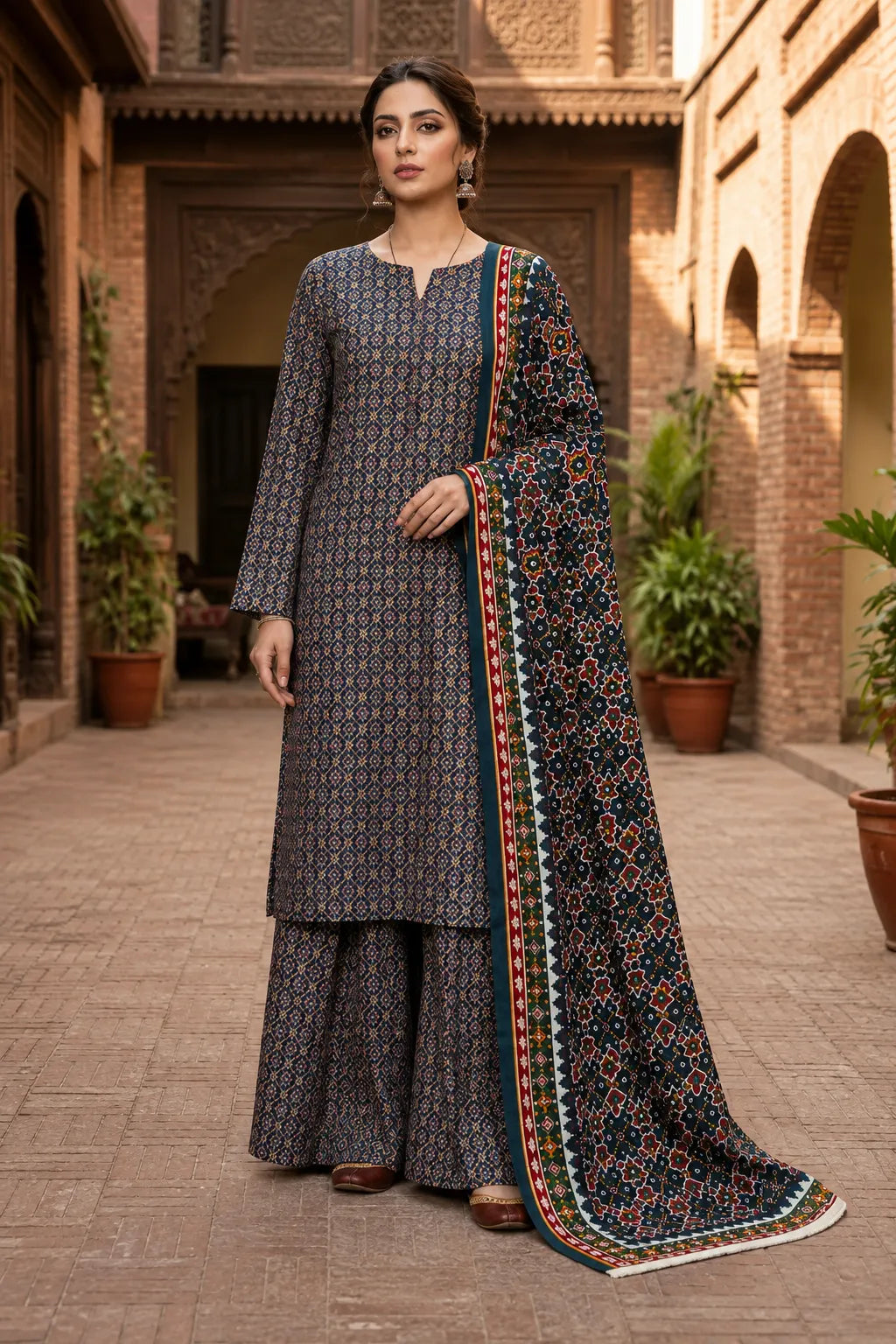 Kayseria Khaddar 2 Piece Navy Blue Printed Shirt with Dupatta