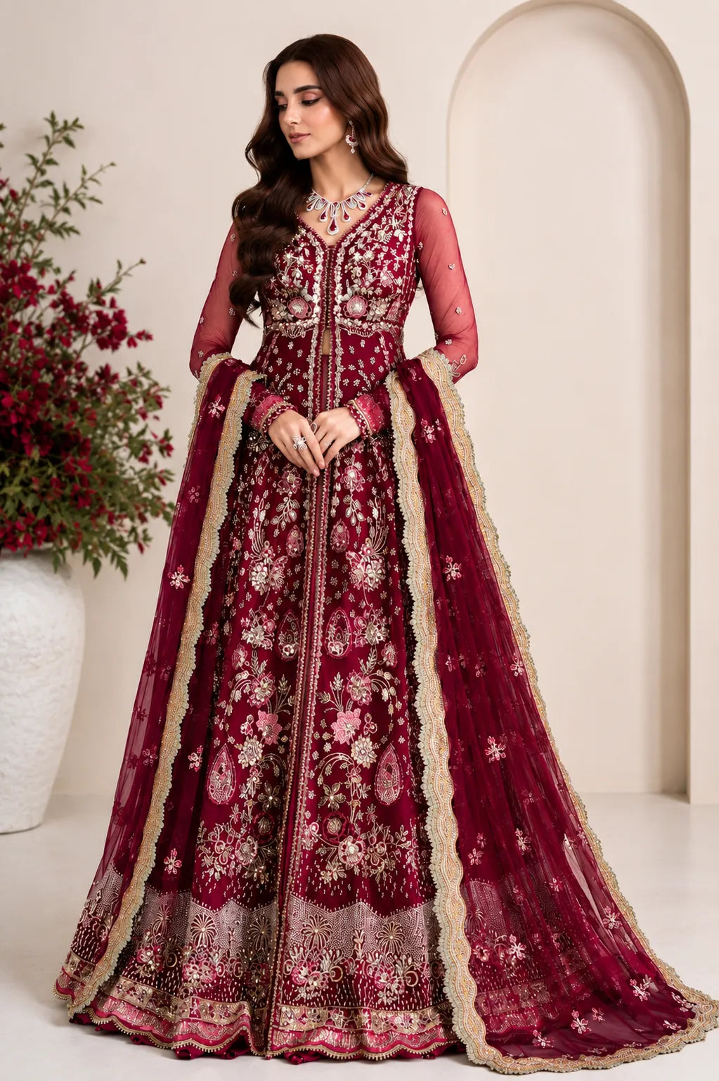 Republic Luxury maroon embroidered organza 3PC wedding dress with embroidered dupatta