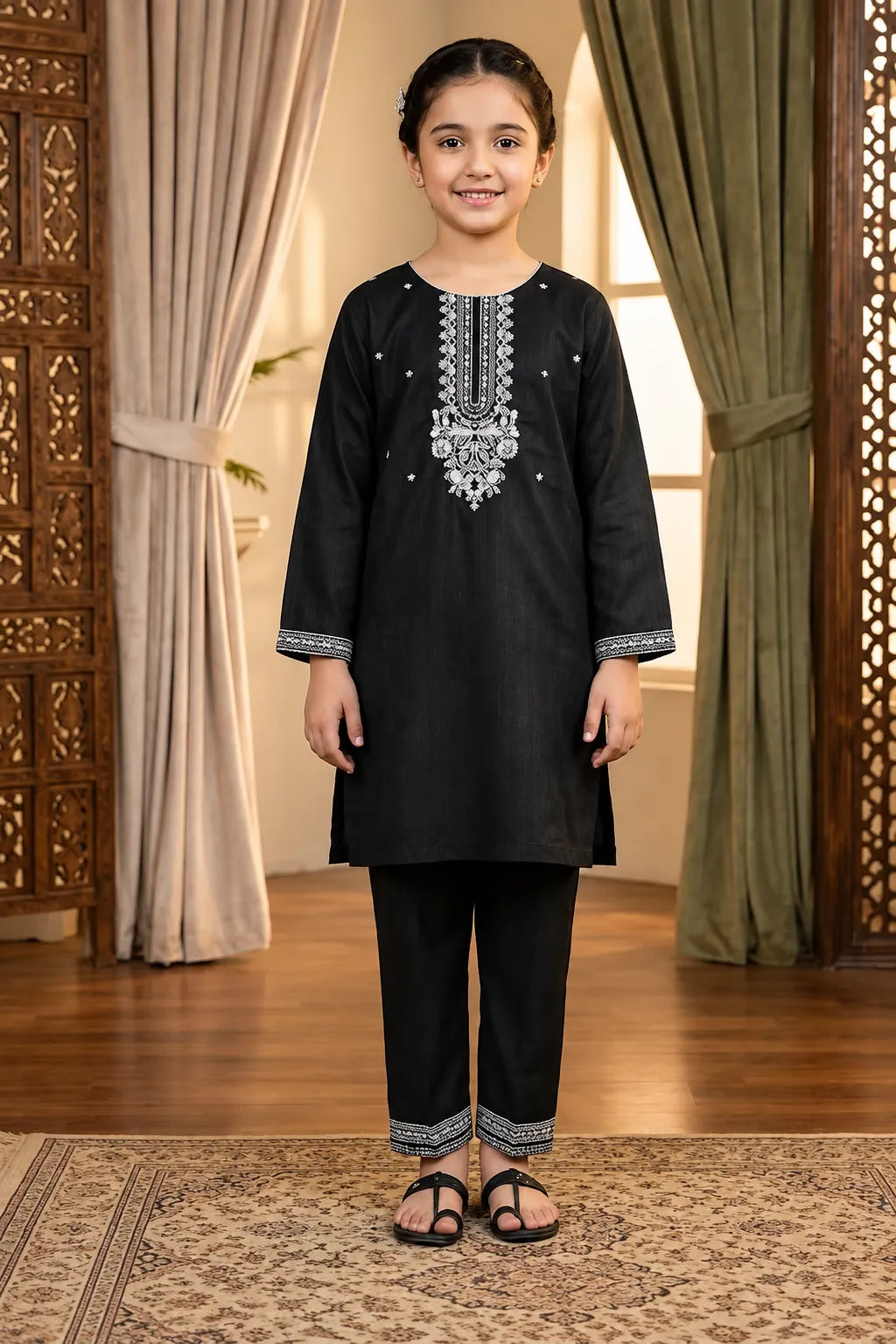 Shahana Kids black embroidered lawn 2-piece suit featuring an embroidered shirt with matching lawn trousers.