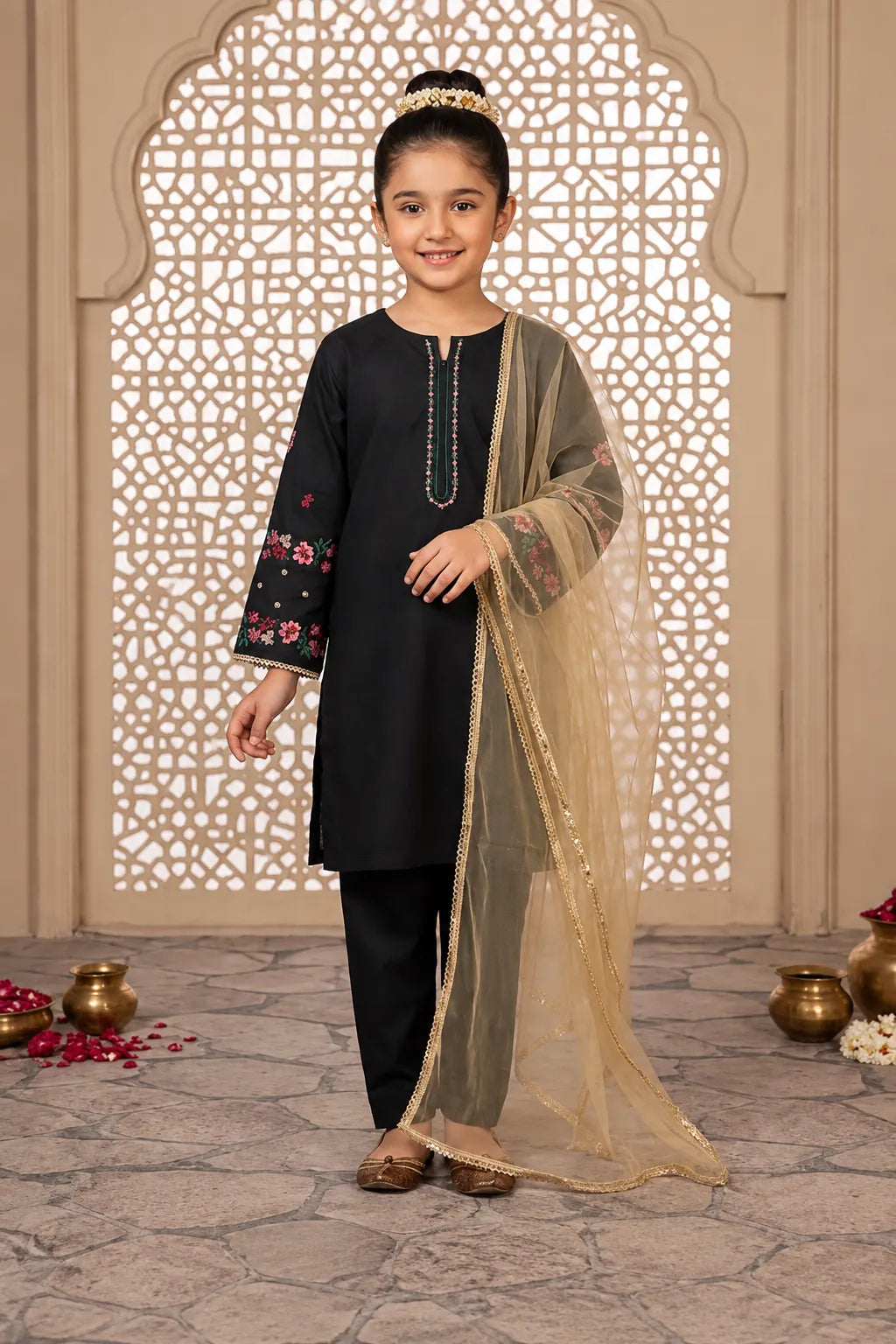 Shahana Kids black embroidered lawn 3-piece suit with floral embroidered sleeves, matching trousers, and embroidered net dupatta.
