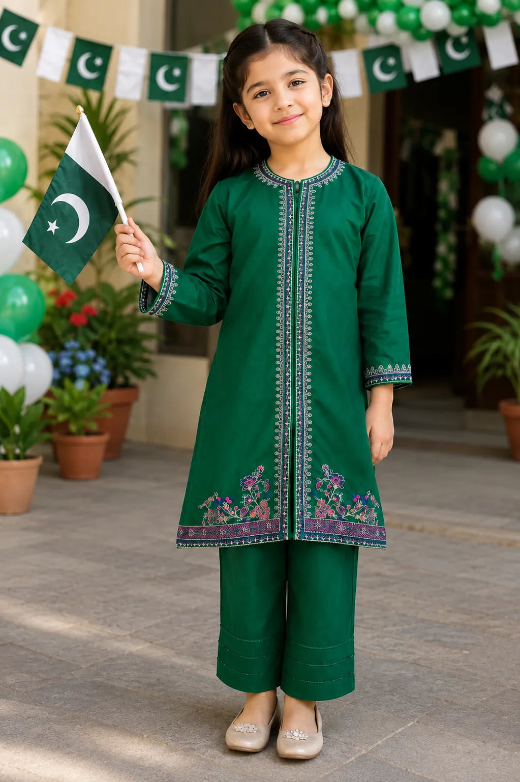 Shahana Kids emerald green embroidered lawn 2-piece suit with sleeveless embroidered shirt and matching wide-leg trousers.