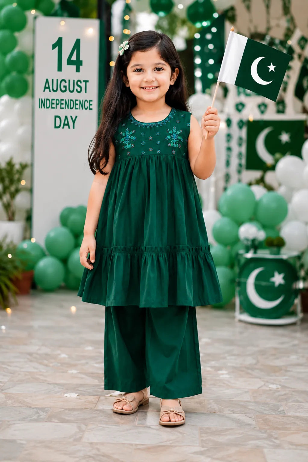 Shahana Kids emerald green embroidered lawn 2-piece suit featuring a sleeveless embroidered frock-style shirt with matching trousers.