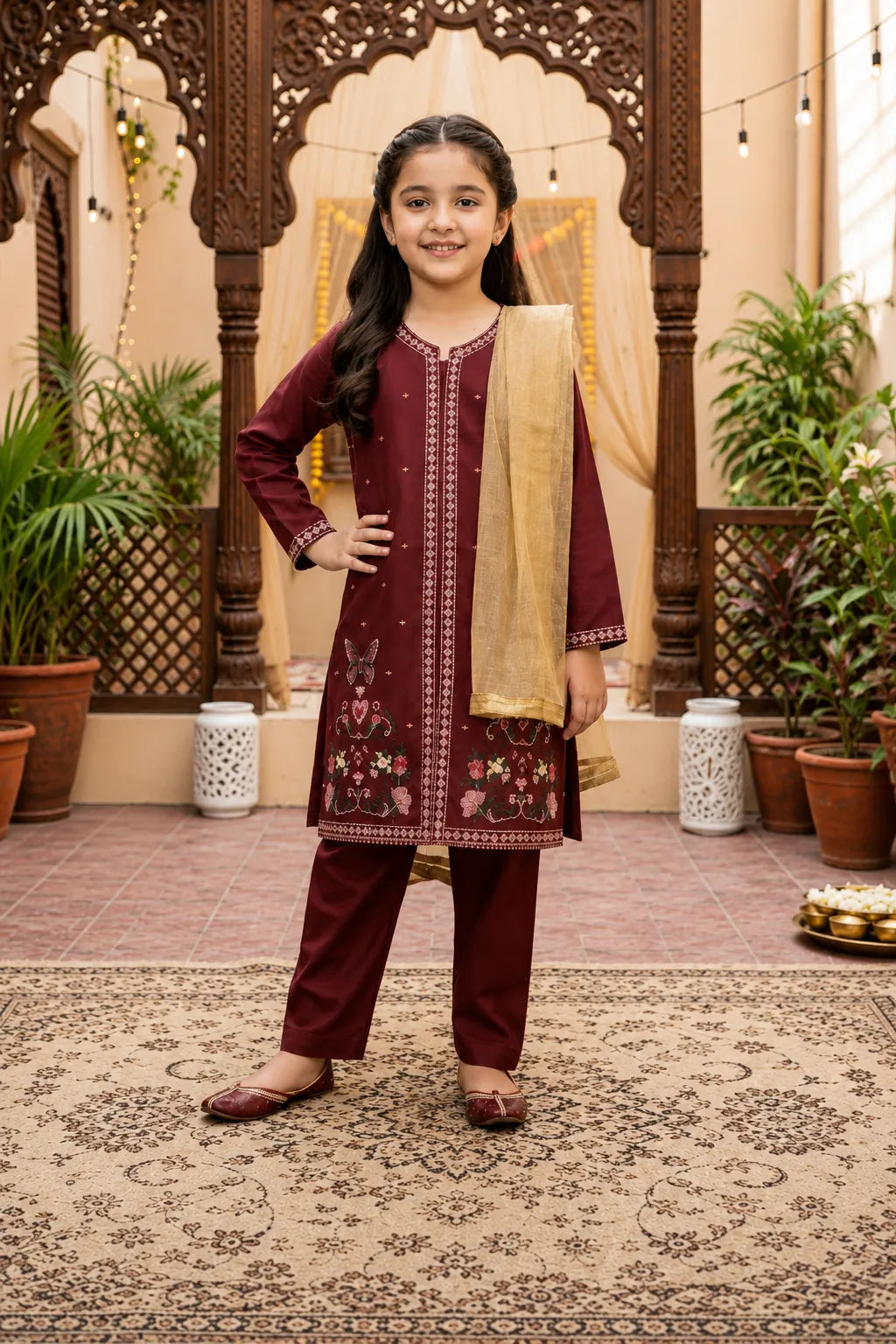 Shahana Kids maroon embroidered lawn 3-piece suit with matching trousers and elegant golden tissue dupatta.
