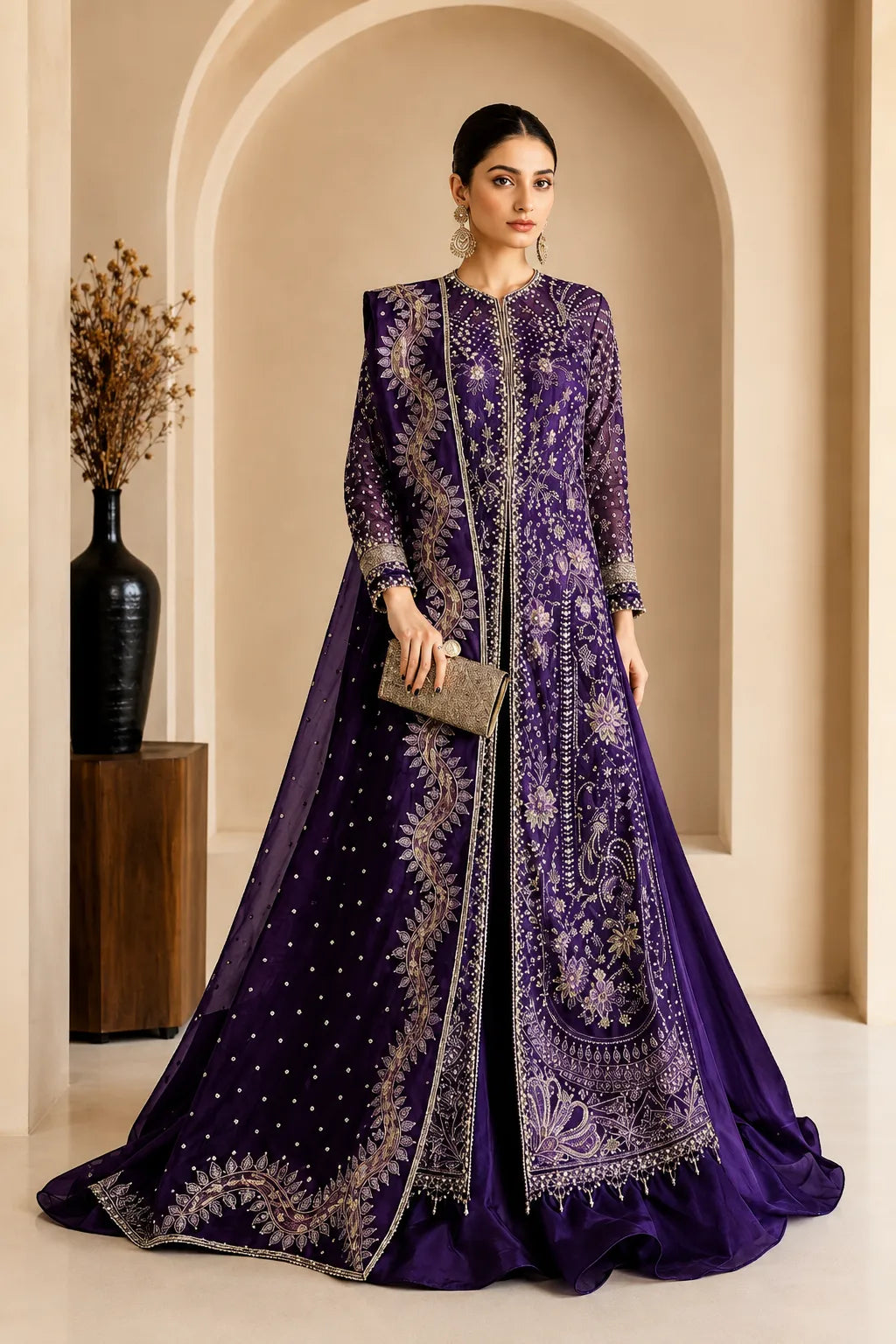 Soraya luxury purple embroidered organza wedding dress with embroidered dupatta