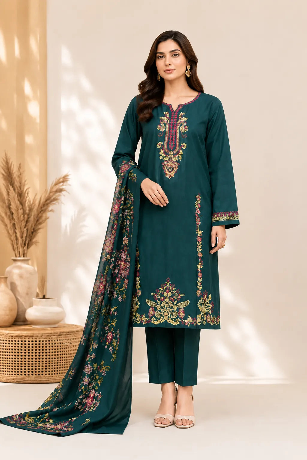 Cross Stitch dark green embroidered khaddar 3PC suit with printed shawl
