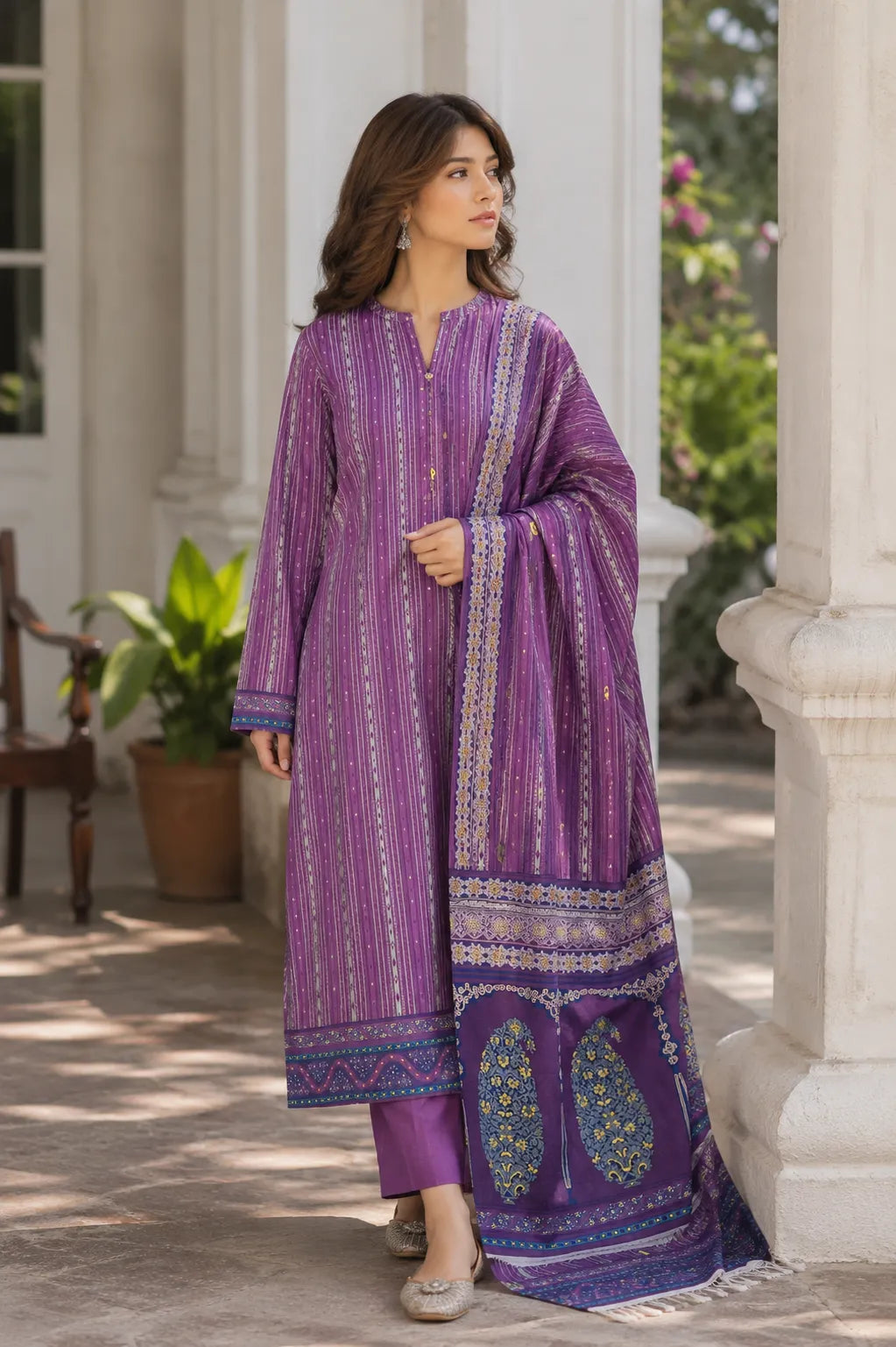 Kayseria purple printed khaddar shirt and dupatta unstitched 2 piece suit.
