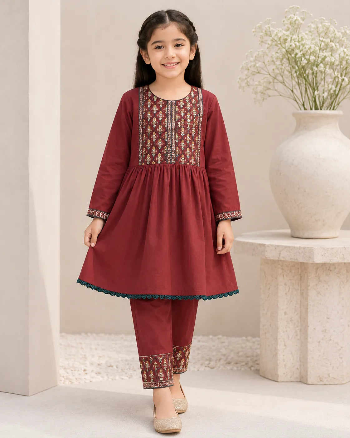 Shahana by Branded Suit maroon embroidered 2-piece girls’ suit