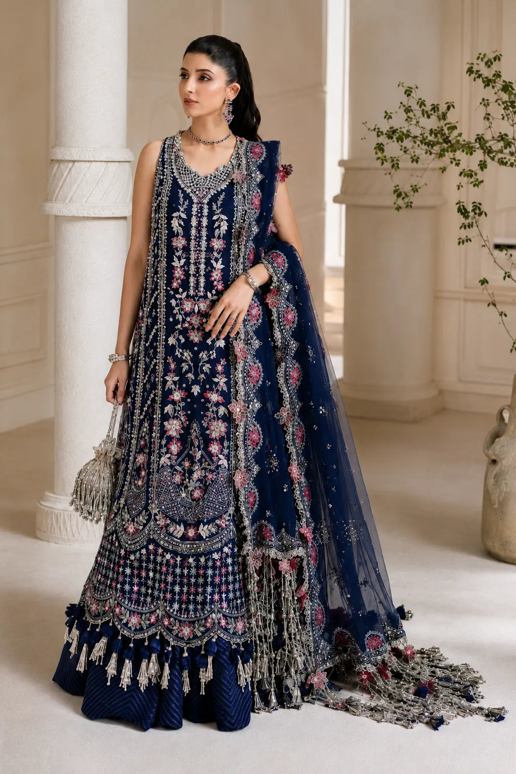 Republic Luxury navy blue embroidered net 3PC wedding dress with embroidered dupatta