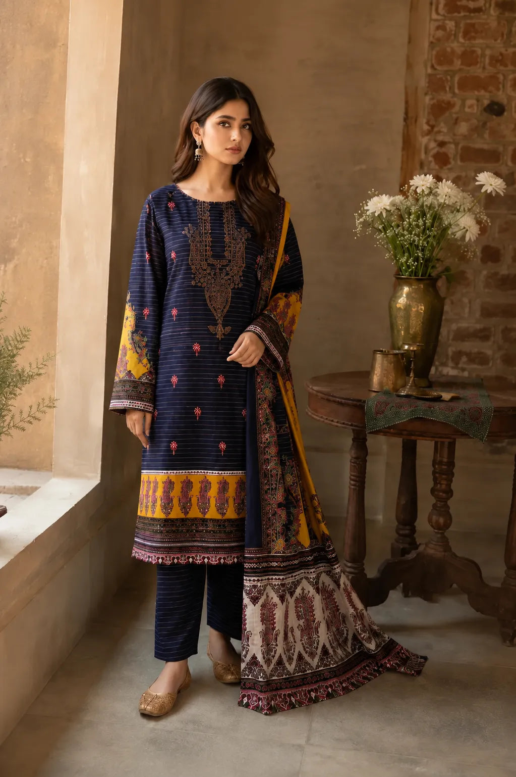 A woman a traditional South Asian three-piece salwar kameez suit 