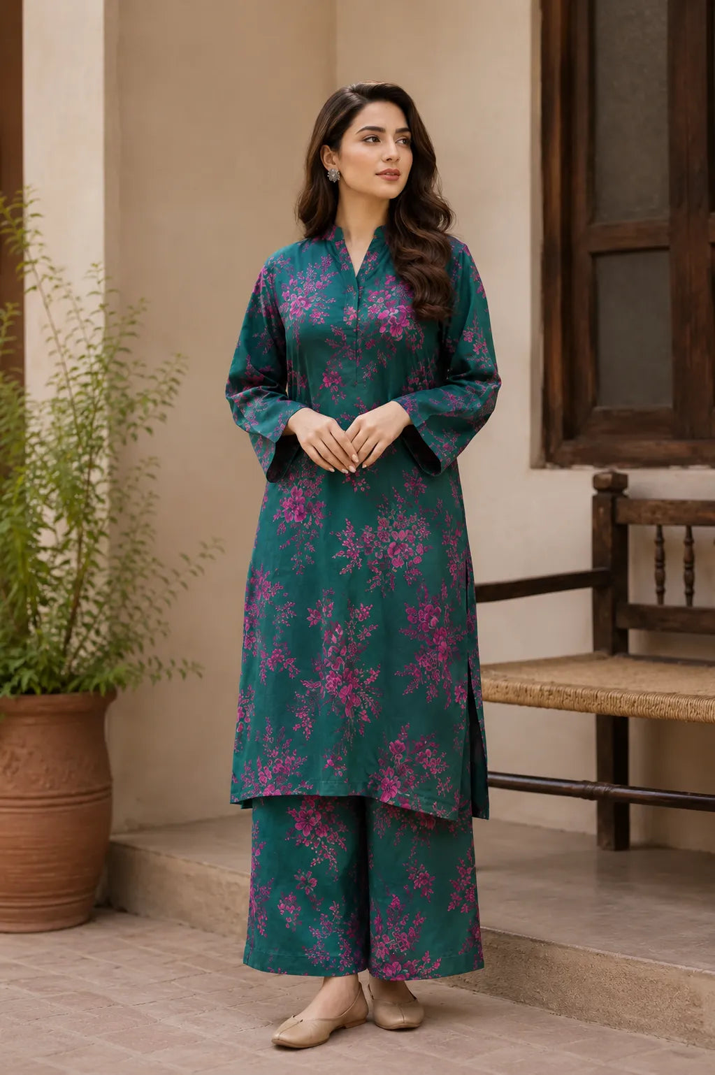 Kayseria teal green allover khaddar 2 piece unstitched floral suit.
