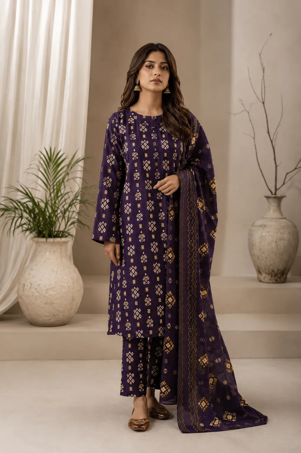 A woman a deep purple three-piece salwar kameez suit